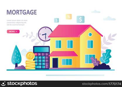 Landing page about house loan. Calculator, gold coins and construction. Mortgage concept, buying house and real estate. Idea of ??investing in property and payout time. Trendy flat vector illustration. Landing page about home loan. Calculator, gold coins and construction. Mortgage concept, buying house and real estate