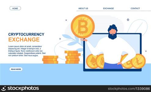 Landing Page Advertise Cryptocurrency Exchanging Application. Man Advisor on PC Monitor Offering Bitcoin to Dollars Exchange Platform. Mobile Software Stock Trading Online. Vector Flat Illustration. Landing Page Advertise Cryptocurrency Exchange App