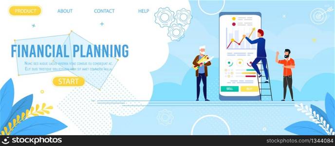 Landing Page Advertise Financial Planning Mobile App. Cartoon Business Team Use Digital Device and Application for Finance Data Analysis. Increase Corporate Result. Vector Flat Illustration. Landing Page Advertise App for Financial Planning