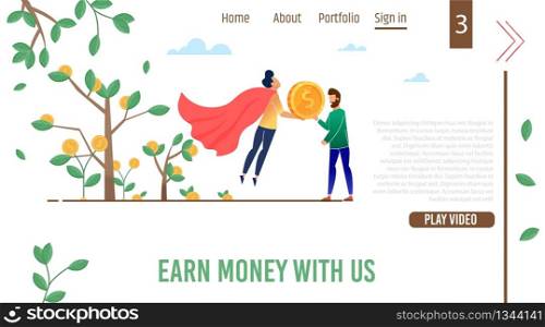 Landing Page Advertising Business Video Tutorials Teaching Earn Money, Increase Profit. Cartoon Super Businessman in Red Hero Cloak and Male Startupper Flat Tree with Gold Coins. Vector Illustration. Video Tutorials Teaching Earn Money Landing Page