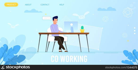 Landing Page Advertising Co Working Advantages. Cartoon Smiling Man Freelancer Works on Computer Sitting at Desk in Cozy Coworking Office. Remote Job and Independent Activity. Vector Illustration. Landing Page Advertising Co Working Advantages