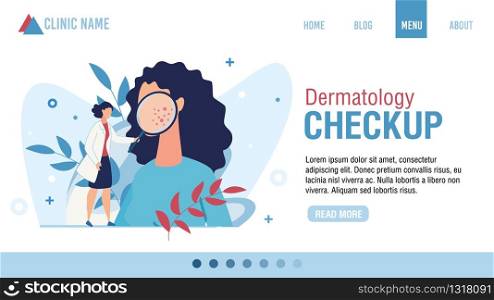 Landing Page Advertising Dermatology Checkup. Woman Dermatologist with Magnifying Glass Examining Patient. Face Skin Rash Problem. Health Skincare. Online Consultation. Cartoon Vector Illustration. Flat Landing Page Advertising Dermatology Checkup