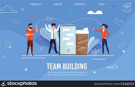 Landing Page Advertising Effective Team Building. Metaphor Banner with Huge Smartphone and Open Chat, Big Takeaway Coffee Cup. Flat Cartoon Happy Business People. Deal and Support. Vector Illustration. Landing Page Advertising Effective Team Building