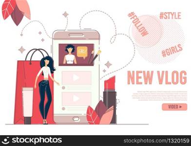 Landing Page Advertising New Beauty Fashion Vlog. Young Woman Subscribing on Popular Style Blogger in Social Media Network. Influencer marketing. Vlogger Promotion Services. Cosmetics Review. Landing Page Advertising New Beauty Fashion Vlog
