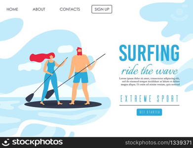 Landing Page Advertising Romantic Extreme Surfing. Cartoon Happy Couple in Love, Adult Man and Woman Riding Waves on Surfboard. Active Summer Vacation. Sport Time. Vector Flat Illustration. Landing Page Advertising Romantic Extreme Surfing