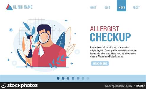 Landing Page Allergist Checkup Fixing Appointment. Cartoon Doctor Examining Male Patient Face Skin with Rash under Loupe. Online Service for Doctor Consolation. Vector Carton Illustration. Landing Page Allergist Checkup Fixing Appointment