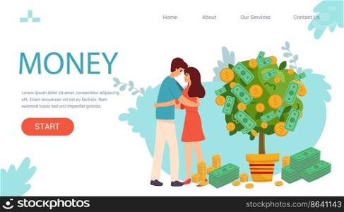 Landing page banner Happy couple lovers hug celebrateholiday together. Growing money tree vector illustration. Businessman hand watering money tree.. Landing page banner Happy couple lovers hug celebrateholiday together. Growing money tree vector illustration. Businessman hand watering money tree