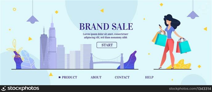 Landing Page Banner Layout Design Advertising Brand Sale Online. Internet Shopping. Market Special Offer Discount. Vector Cartoon Elegant Woman with Paper Bags Filled Purchases. Cityscape Illustration. Landing Page Banner Advertising Brand Sale Online