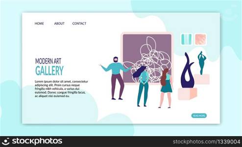 Landing Page Banner Presentation Modern Art Gallery Website. Man holds presentation, Conducts Excursion Two Young Girls, Shows Picture, Sculpture, Exhibits. Website Page Modern Abstract Art Gallery.. Landing Page Presentation Art Gallery Website