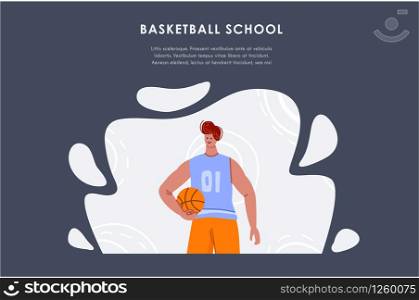 Landing page - basketball player with ball and copy space or text place, muscular athletic man or sportsman in sport uniform - banner for sport academy website, app, flat people - vector. basketball player sport concept