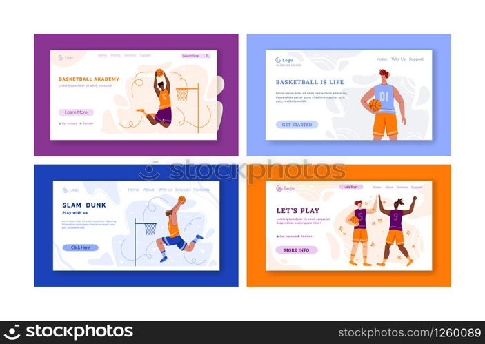 Landing page - basketball players with ball and copy space, text place, muscular athletic men in sport uniform, basketball team train game, banner set for sport academy, website, flat people - vector. basketball player sport concept