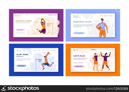 Landing page - basketball players with ball and copy space, text place, muscular athletic men in sport uniform, basketball team train game, banner set for sport academy, website, flat people - vector. basketball player sport concept