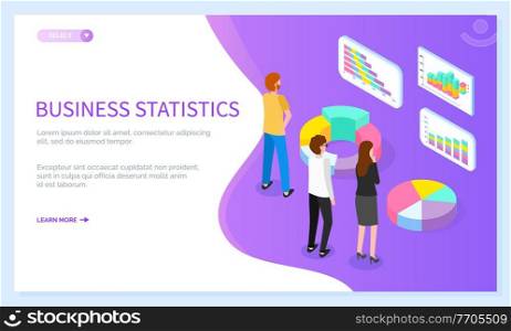 Landing page business statistical site. Team faces voluminous pie chart diagram, percentage round cylindrical chart, line bar charts. People study statistics. Financial growth, investment capital. Business statistics website template. Isometric image of team working with statistics. Bar chart