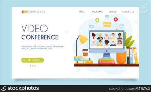 Landing page concept. Online video chat conference meeting with group of people. Home office workplace. Vector illustration.