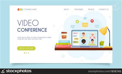 Landing page concept. Online video chat conference meeting with group of people. Home office workplace. Vector illustration.