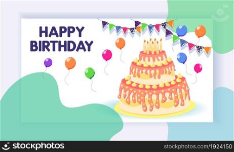 Landing page concept with birthday celebration theme. Big cake, balloons, festive atmosphere. Birthday party celebration. Concept of landing page with birthday celebrations theme. Birthday party celebration