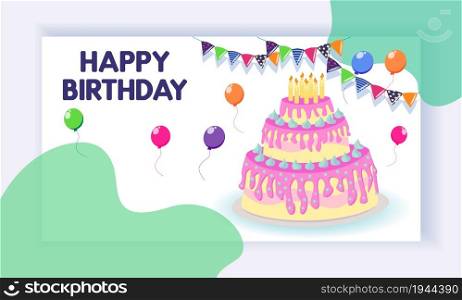 Landing page concept with birthday celebration theme. Big cake, balloons, festive atmosphere. Birthday party celebration. Concept of landing page with birthday celebrations theme. Birthday party celebration