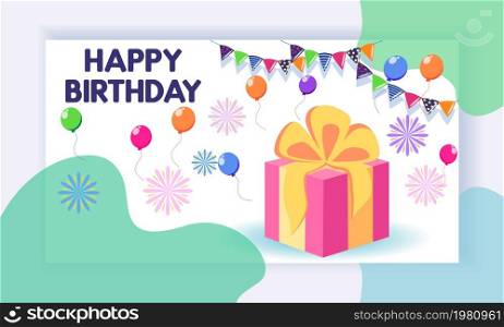 Landing page concept with birthday celebration theme. Great gift, balloons, festive atmosphere. Birthday party celebration. Concept of landing page with birthday celebrations theme. Birthday party celebration