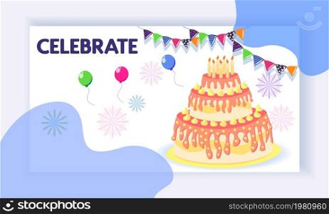 Landing page concept with celebration theme. Big cake, balloons, festive atmosphere. Concept of landing page with birthday celebrations theme. Birthday party celebration