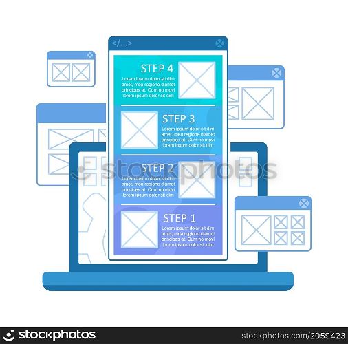 Landing page creation infographic chart design template. Advertising web page. Abstract vector infochart with blank copy spaces. Instructional graphics with 4 step sequence. Visual data presentation. Landing page creation infographic chart design template