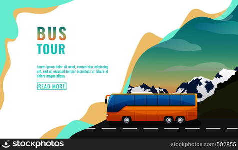 Landing page design, banner with bus tour, tourism concept, yellow bus on road, beautiful sky and mountains, vector illustration. Landing page design, banner with bus tour, tourism concept, yellow bus on road, beautiful sky and mountains, vector