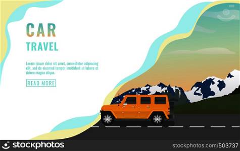 Landing page design, banner with suv car travel, tourism concept, yellow car on road, beautiful sky with stars, summer holiday, vector illustration. Landing page design, banner with suv car travel, tourism concept, yellow car on road, beautiful sky with stars, summer holiday, vector