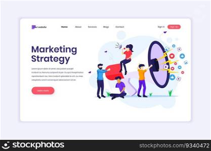 Landing page design concept of Marketing strategy campaign concept, people holding and shout on a giant megaphone. Flat vector illustration
