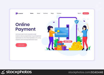 Landing page design concept of Mobile payment or money transfer concept with women using mobile phone making a payment transaction. Flat vector illustration