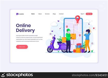 Landing page design concept of Online Delivery service with a Courier in uniform and a young woman with a medical mask. Flat vector illustration