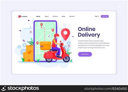 Landing page design concept of Online Delivery service with a delivery man using scooter wearing a mask. Online order tracking. Flat vector illustration