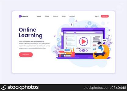Landing page design concept of Online Learning, A man learning online at home. Flat vector illustration