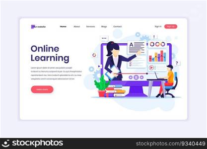 Landing page design concept of Online Learning, Webinar and online education. Student learning online at home. Online video courses. Flat vector illustration