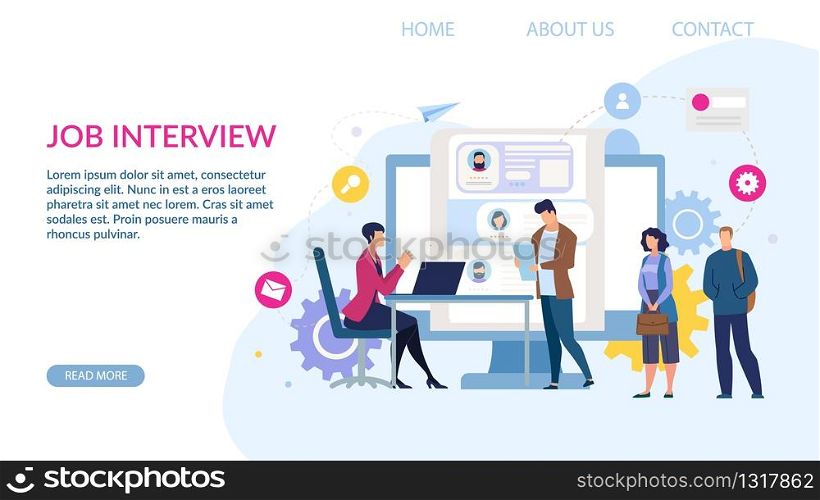 Landing Page Design. Online Hiring Recruiting Job Agency Service. Woman HR Manager Interviewing Male Work Seeker. People Queue. Vacancy Position. Human Resources. Find Experience. Vector Illustration. Landing Page for Hiring Recruiting Job Agency