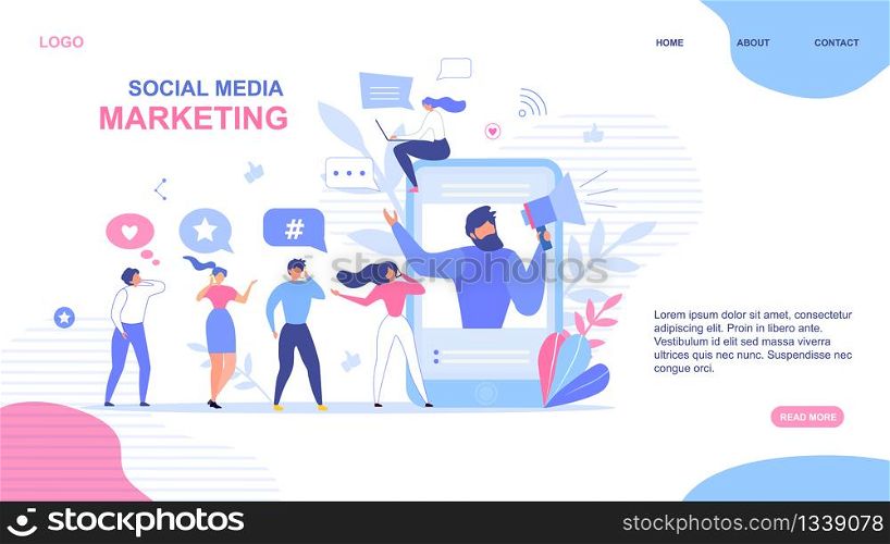Landing Page Design. Social Media Marketing Advertisement. Man on Mobile Screen Announcing in Megaphone Special Offer. Active People Network Users Group. SMM Strategy. Vector Flat Illustration. Landing Page Design for Social Media Marketing