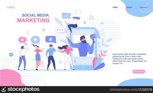 Landing Page Design. Social Media Marketing Advertisement. Man on Mobile Screen Announcing in Megaphone Special Offer. Active People Network Users Group. SMM Strategy. Vector Flat Illustration. Landing Page Design for Social Media Marketing