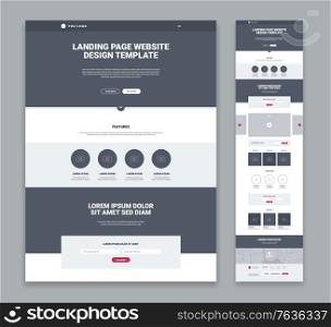 Landing page design template in grey and white color flat isolated vector illustration
