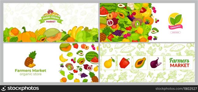 Landing page, eco farmers market organic store. Farm and harvest of vegetables, vector illustration. Collection of fruits and pineapple on a white background. Vegetarian shop advertisement.. Landing page, eco farmers market organic store