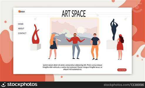 Landing Page Exhibition or Presentation in Art Space. Young Girls and Boys Visit Exhibition or Presentation ?ontemporary Installations, Sculptures, Picture Sea Sunset or Sunrise in Modern Art Space. Landing Page Exhibition or Presentation in Art Space