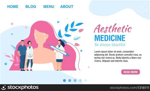 Landing Page Flat Design Layout Offering Aesthetic Medicine Service. Facial Injection. Cartoon Woman Patient and Doctors Cosmetologist with Syringe. Rejuvenating Mesotherapy. Vector Illustration. Landing Page Offering Aesthetic Medicine Service