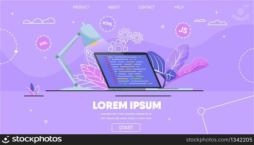 Landing Page Flat Editable Template for Software Development, Design and Programming. Program Code on Laptop Screen. Office Desk, Table Lamp. Workflow Process. Vector Illustration in Floral Style. Landing Page Template for Software Development