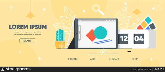 Landing Page Flat Layout for Graphic Designer Tablet Application. Screen with Running App, Flower Pot and Calendar. Presentation for Launch New Program Product on Market. Vector Illustration.. Landing Page Flat Layout for Graphic Designer App