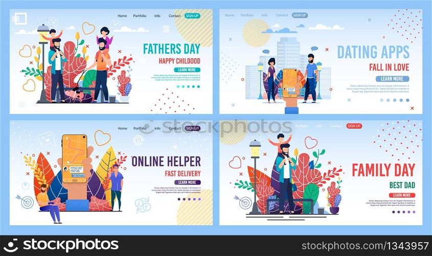 Landing Page Flat Set for Organization Daily Duties, Holidays and Rest Time. Happy Parents and Family Day, Online Helper Services in Fast Delivery and in Finding Love. Vector Illustration. Landing Page Set for Organization People Duties