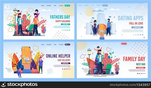 Landing Page Flat Set for Organization Daily Duties, Holidays and Rest Time. Happy Parents and Family Day, Online Helper Services in Fast Delivery and in Finding Love. Vector Illustration. Landing Page Set for Organization People Duties