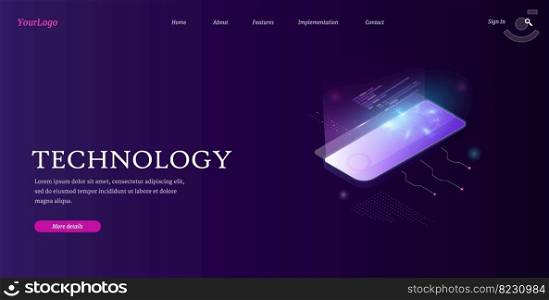 Landing page for a website related to technology, electronics, computers and telephones. Illustration in isometric.Futuristic concept. Vector illustration