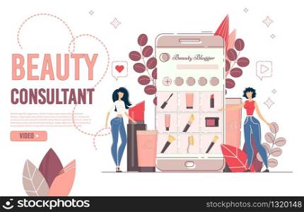 Landing Page for Beauty Online Blogging Consultation. Fashion and Cosmetics Review. Young Social Media Network Blogger Giving Advice to Customer, Telling about Makeup Cosmetics Trends. Video Tutorials. Beauty Online Blogging Consultation Landing Page