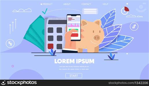 Landing Page for Business, Bank Mobile Application and Online Piggy-Bank. Flat Mockup with Businessman Hand Holding Smartphone with Running App, Office Building and Money Box. Vector Illustration. Landing Page Flat Mockup for Business, Bank App