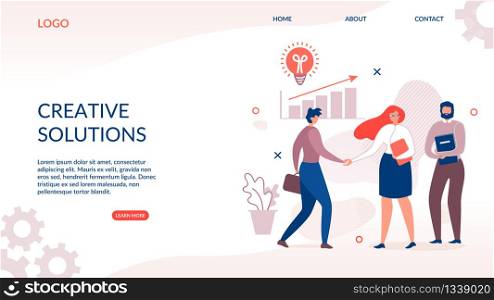 Landing Page for Creative and Innovative Solution. Profitable Teamwork and Effective Workflow. Business People Characters Meeting, Brainstorming and Communicating. Vector Flat Illustration. Landing Page for Creative and Innovative Solution