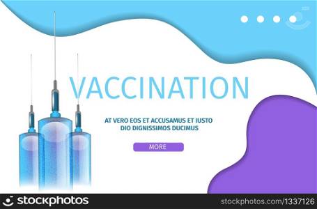 Landing Page for Editable Vaccination Application of Modern Online Laboratory or other Medical Resource. Vector of Immune Symbol Illustration Realistic Syringes. Get More Information about Vaccine. Editable Vaccination Application in Liquid Design