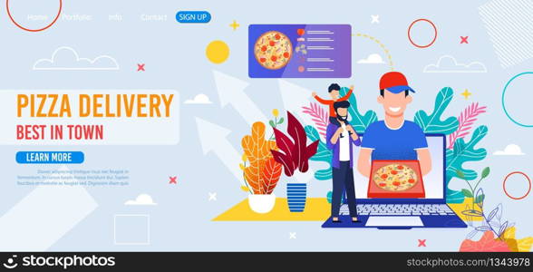 Landing Page for Fast Food Restaurant Offer Pizza. Cartoon Smiling Courier Holding Box with Order on Laptop Screen. Tiny Father with Kid on Shoulders. Ingredients for Cooking Menu. Vector Illustration. Landing Page for Fast Food Restaurant Offer Pizza