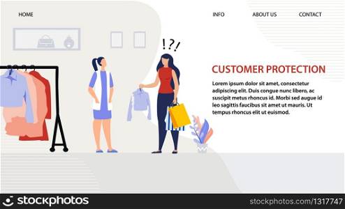 Landing Page for Service Offer Help Support for Shoppers. Customer Protection, Rights Defense. Cartoon Women Buyer and Seller Characters. Conflict at Clothing Boutique Design. Vector Flat Illustration. Landing Page for Service Offer Customer Protection
